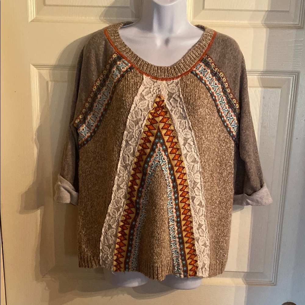 gimmicks by BKE Beige Knit Crewneck Sweater with Multicolor Embroidered Panels